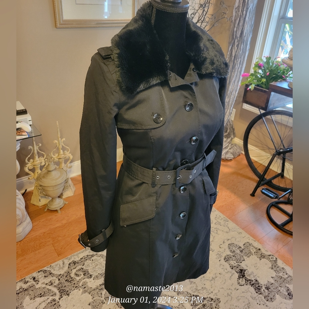 Bebe Cotton Blend Double Lined Removable Lining Faux Fur Trench Coat #510